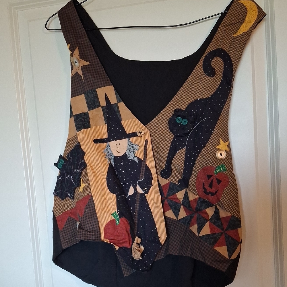 Handcrafted Halloween festive holiday vest art to wear patchwork folk art.